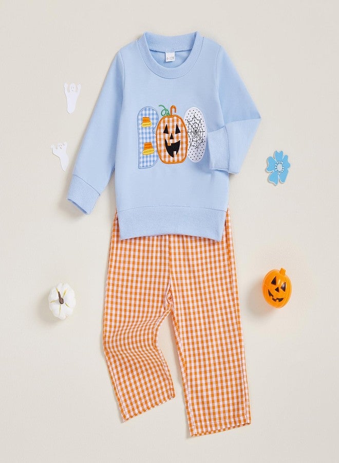 Mieeyali Toddler Baby Boy Halloween Outfits Pumpkin Sweatshirt Pullover Tops Shirt Gingham Pants Set Fall Clothes (Blue, 6-12 Months) - Image 3